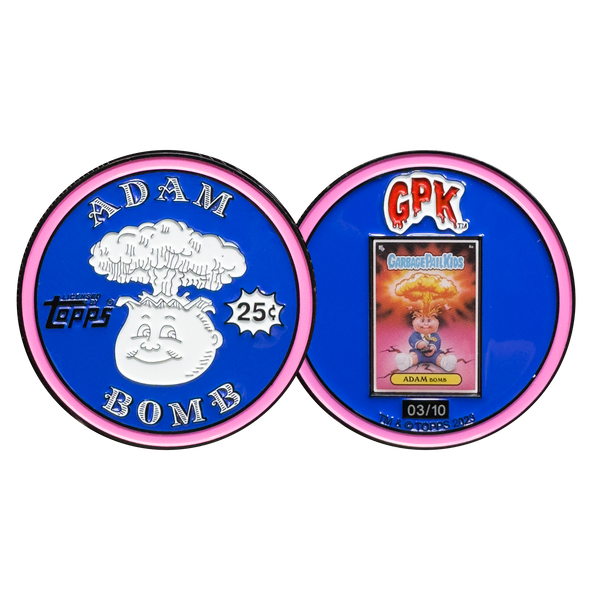 Bluish 2.25 inch Adam Bomb Challenge Coin limited to 10 pieces with individual serial number with full color card inset on the back