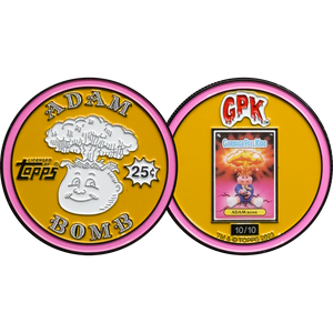 Golden Orange 2.25 inch Adam Bomb Challenge Coin limited to 10 pieces with individual serial number with full color card inset on the back