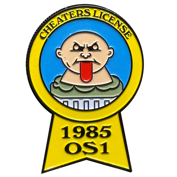 Adam Bomb 8a 1985 Topps OS1 Cheaters License Challenge Coin Officially Licensed by Topps