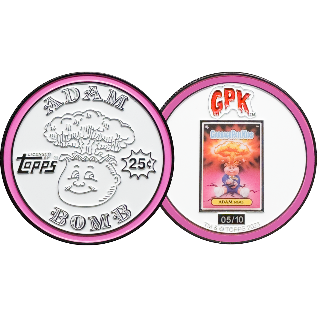 White 2.25 inch Adam Bomb Challenge Coin limited to 10 pieces with individual serial number with full color card inset on the back