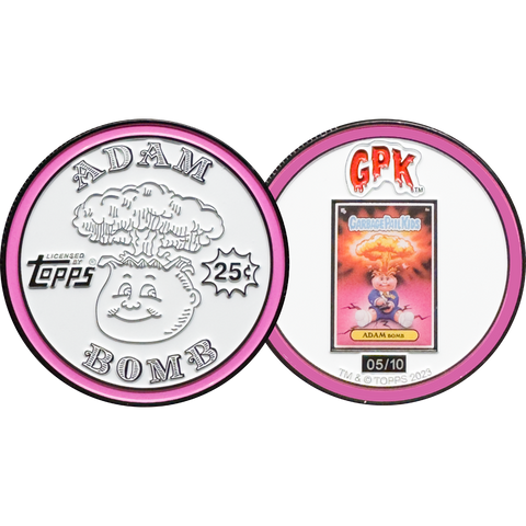 White 2.25 inch Adam Bomb Challenge Coin limited to 10 pieces with individual serial number with full color card inset on the back