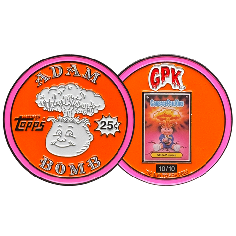 Orange 2.25 inch Adam Bomb Challenge Coin limited to 10 pieces with individual serial number with full color card inset on the back