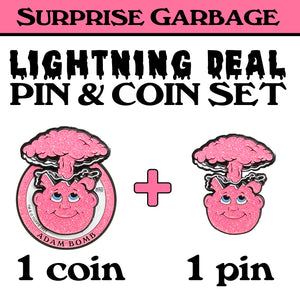 STRICT 1 SET LIMIT: Coin & pin Combo deal: Pink Glitter Pin and matching 3-piece Adam Bomb Challenge Coin limited to 15 pieces with individual serial number