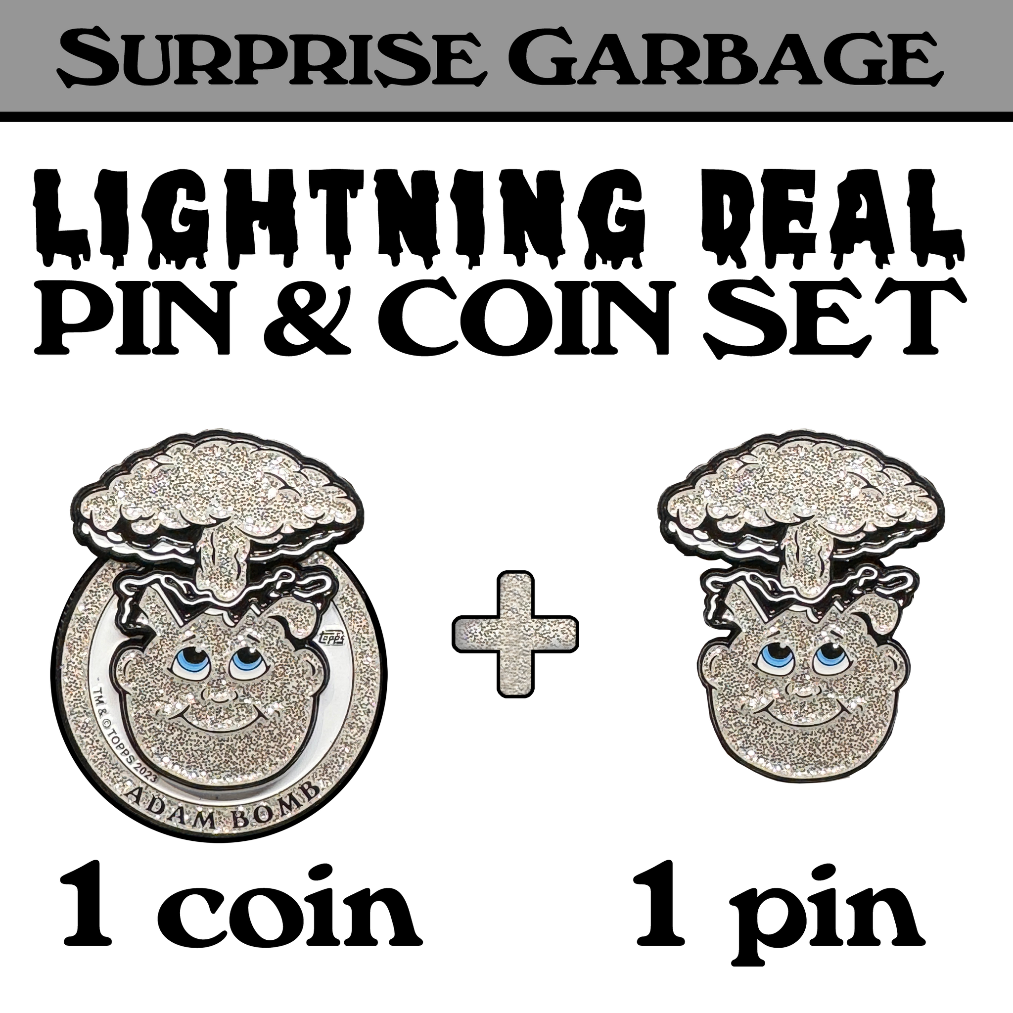 STRICT 1 SET LIMIT: Coin & pin Combo deal: Silver Glitter Pin and matching 3-piece Adam Bomb Challenge Coin limited to 15 pieces with individual serial number