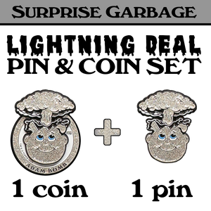 STRICT 1 SET LIMIT: Coin & pin Combo deal: Silver Glitter Pin and matching 3-piece Adam Bomb Challenge Coin limited to 15 pieces with individual serial number