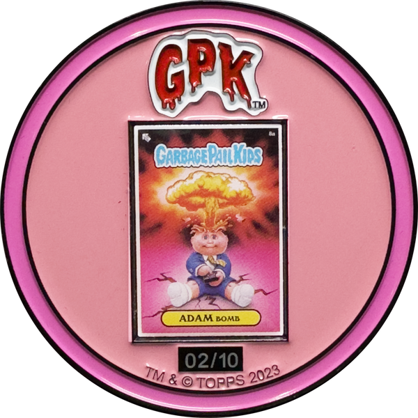 Stinky Pink 2.25 inch Adam Bomb Challenge Coin limited to 10 pieces with individual serial number with full color card inset on the back
