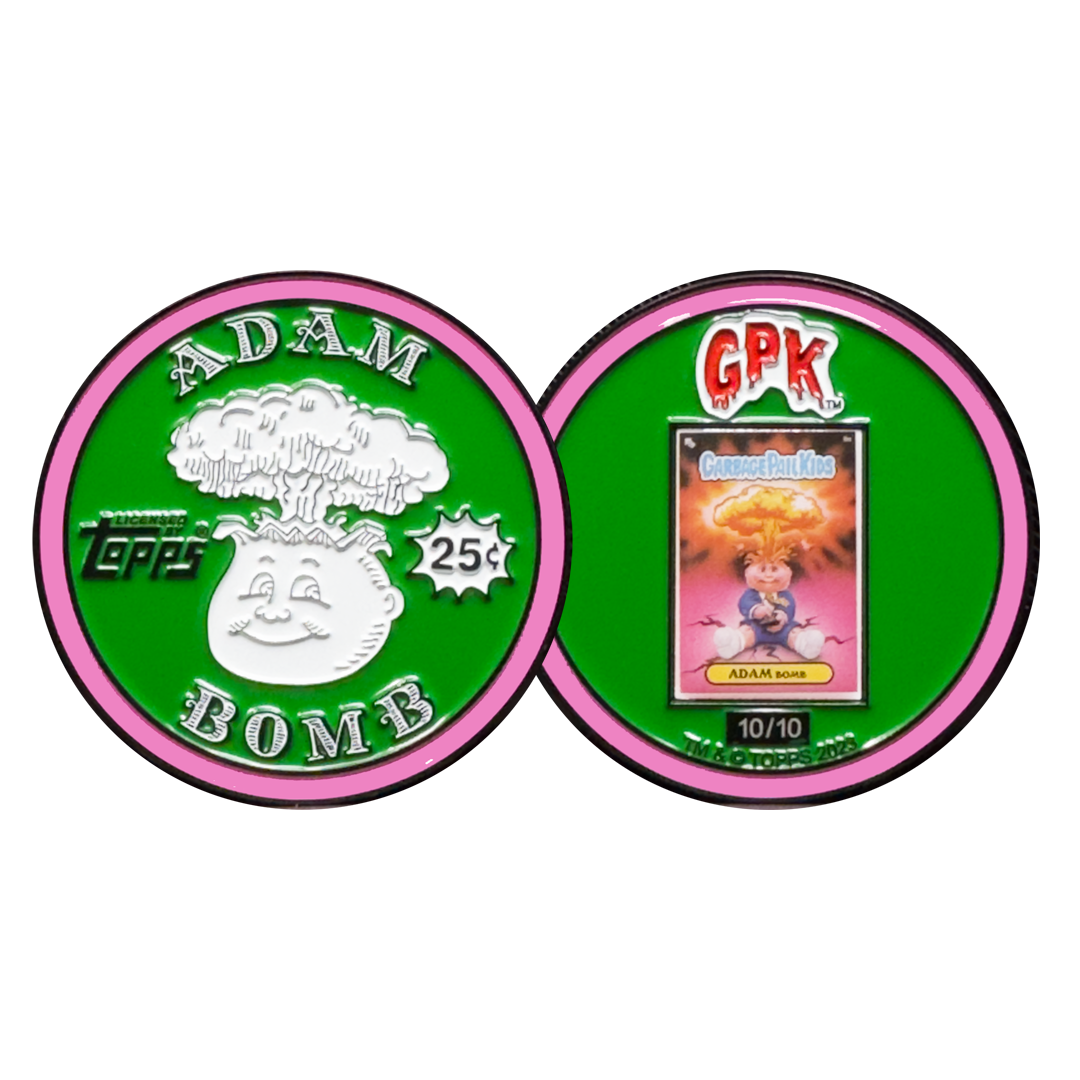 Green 2.25 inch Adam Bomb Challenge Coin limited to 10 pieces with individual serial number with full color card inset on the back