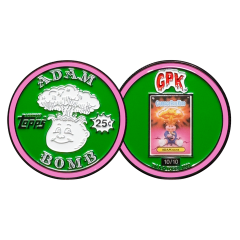 Green 2.25 inch Adam Bomb Challenge Coin limited to 10 pieces with individual serial number with full color card inset on the back