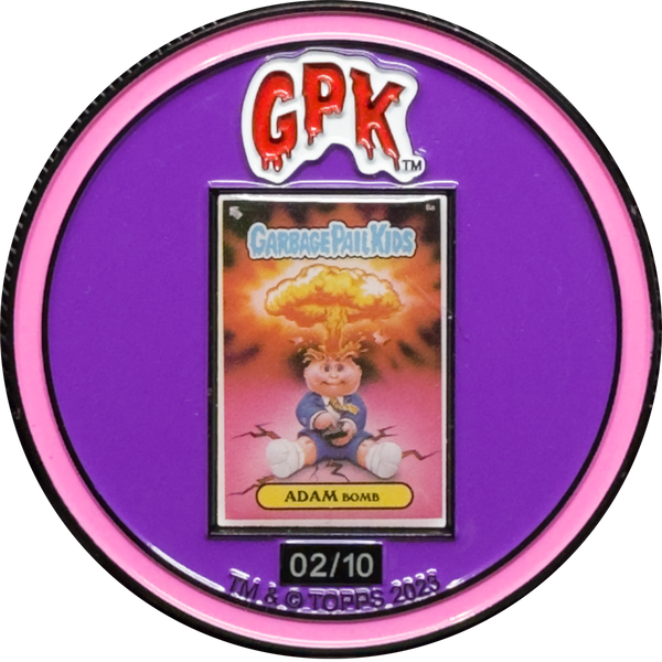 Purple 2.25 inch Adam Bomb Challenge Coin limited to 10 pieces with individual serial number with full color card inset on the back