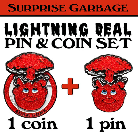 STRICT 1 SET LIMIT: Coin & pin Combo deal: Red Glitter Pin and matching 3-piece Adam Bomb Challenge Coin limited to 15 pieces with individual serial number