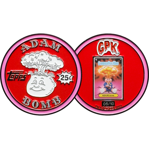 Red 2.25 inch Adam Bomb Challenge Coin limited to 10 pieces with individual serial number with full color card inset on the back