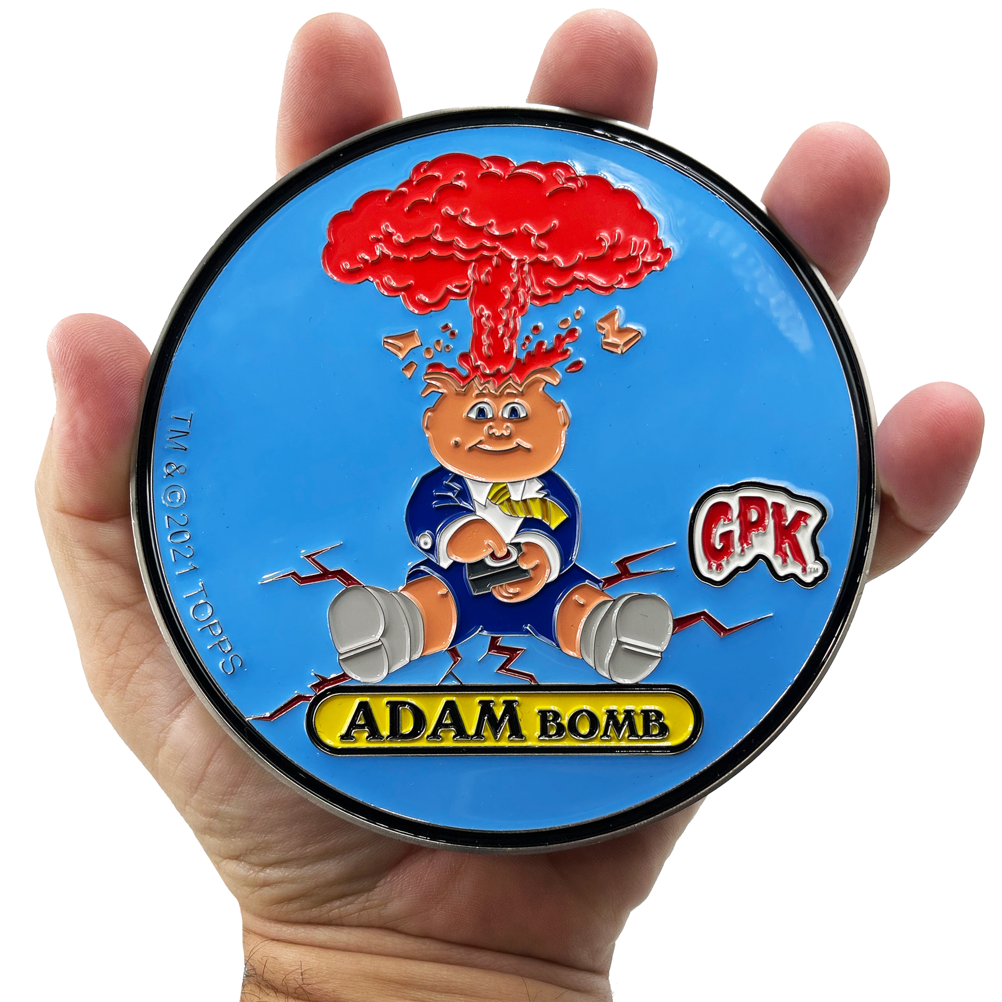 Large 4.75 inch GPK Adam Bomb Officially Licensed Topps Garbage Pail Kids Challenge Coin with inset card