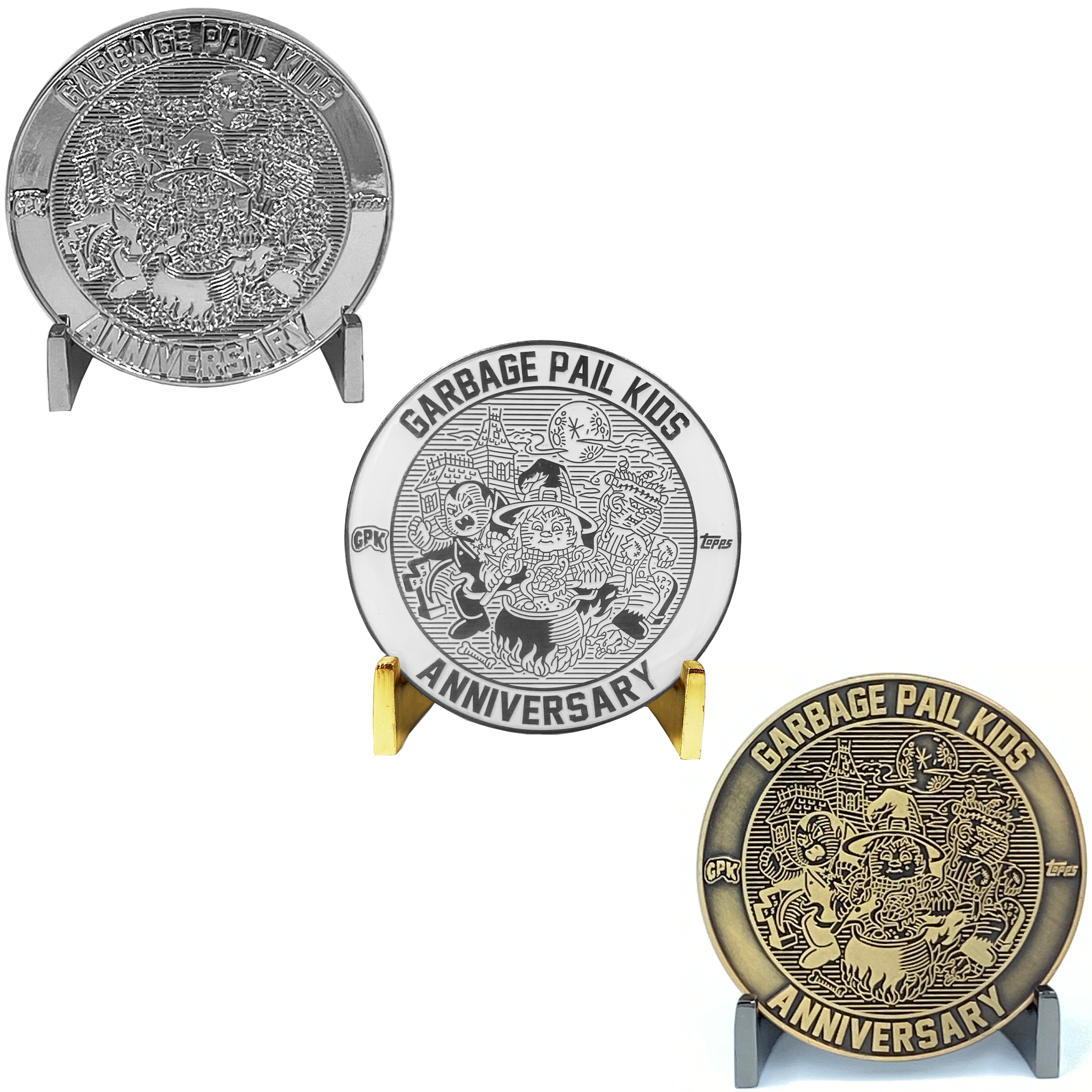 BUNDLE PACK Coin 002: 1 each Artist Proof, Silver Plated, Nickel Plated White Cloisonné Topps Officially Licensed challenge coin Garbage Pail Kids GPK Nation