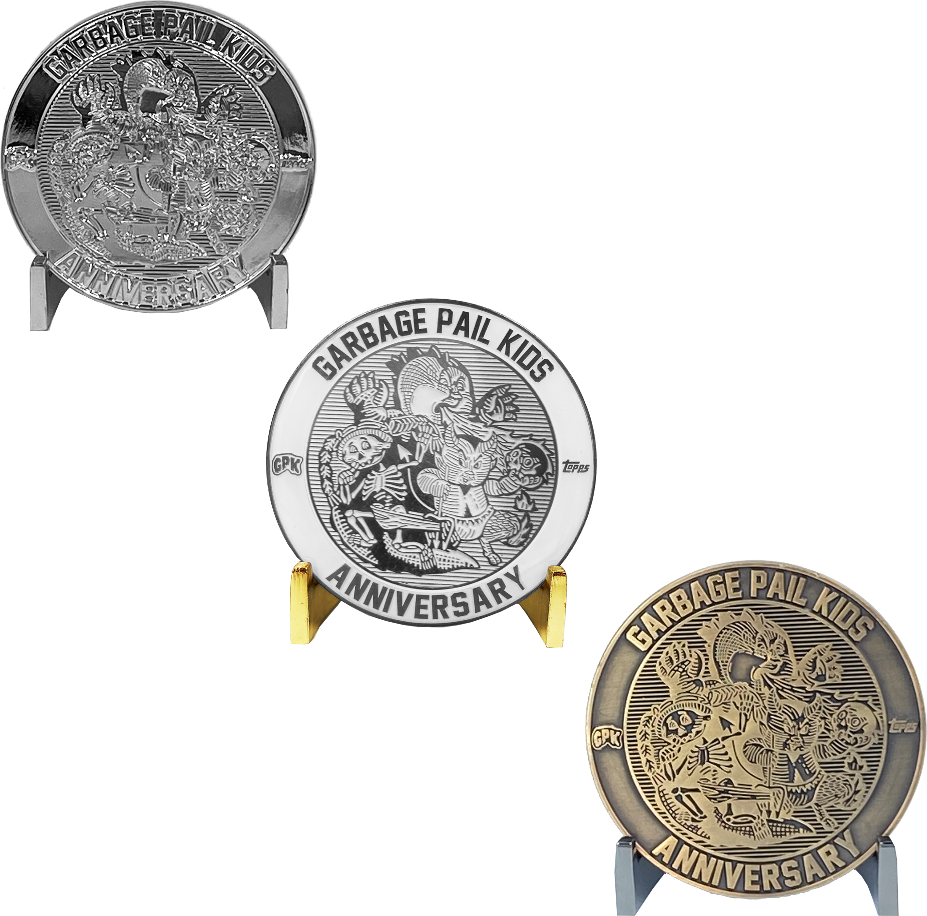 BUNDLE PACK Coin 003: 1 each Artist Proof, Silver Plated, Nickel Plated White Cloisonné Topps Officially Licensed challenge coin Garbage Pail Kids GPK Nation