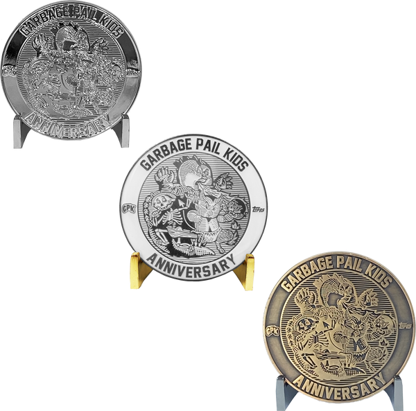 BUNDLE PACK Coin 003: 1 each Artist Proof, Silver Plated, Nickel Plated White Cloisonné Topps Officially Licensed challenge coin Garbage Pail Kids GPK Nation