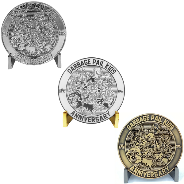 BUNDLE PACK Coin 002: 1 each Artist Proof, Silver Plated, Nickel Plated White Cloisonné Topps Officially Licensed challenge coin Garbage Pail Kids GPK Nation