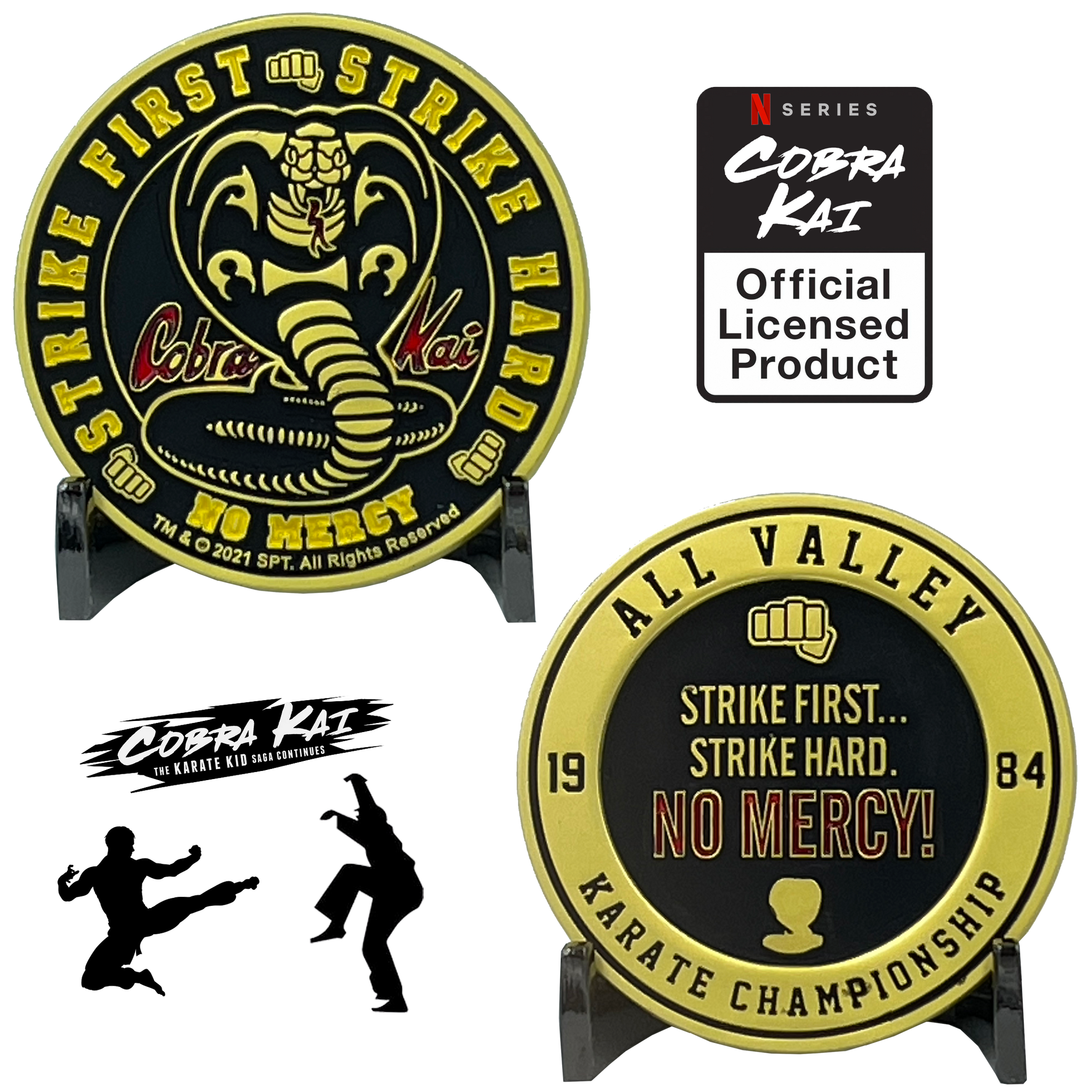 EL8-011 Officially Licensed Cobra Kai Challenge Coins Karate Kid Saga continues Netflix Cobra Kai No Mercy 1984 All Valley Championship Strike First Strike Hard Martial Arts Ralph Macchio  William Zabka