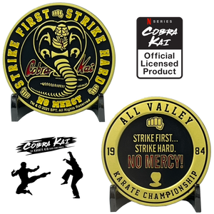 EL8-011 Officially Licensed Cobra Kai Challenge Coins Karate Kid Saga continues Netflix Cobra Kai No Mercy 1984 All Valley Championship Strike First Strike Hard Martial Arts Ralph Macchio  William Zabka