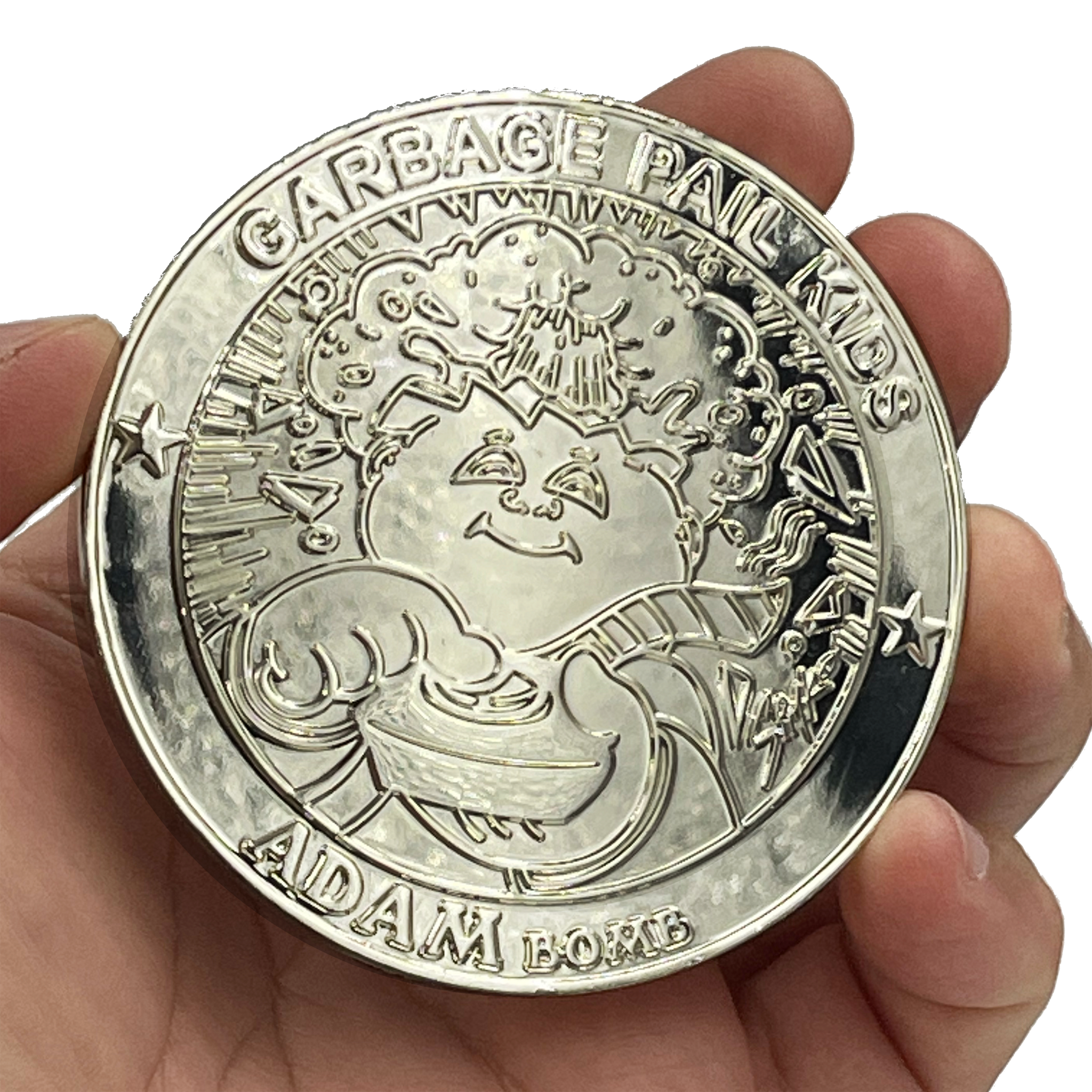 Sterling Silver Plated Variation 3 inch SIMKO Topps Officially Licensed Adam Bomb GPK Challenge Coin Garbage Pail Kids