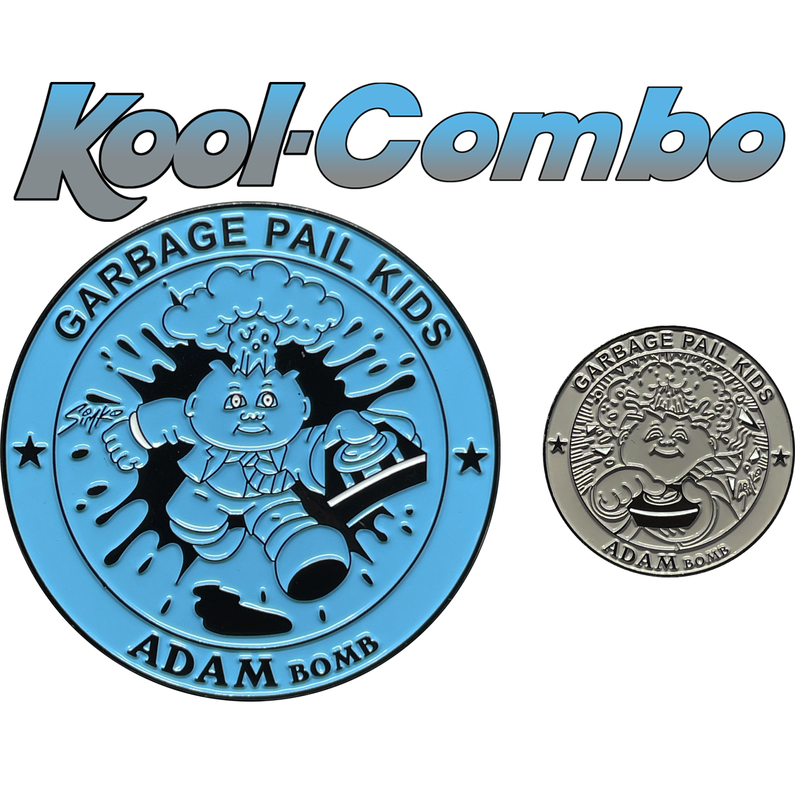 COMBO DEAL: Gray Micro Mini and KOOL Blue SIMKO Adam Bomb TOPPS Officially Licensed Adam Bomb GPK Nation Challenge Coin Garbage Pail Kids