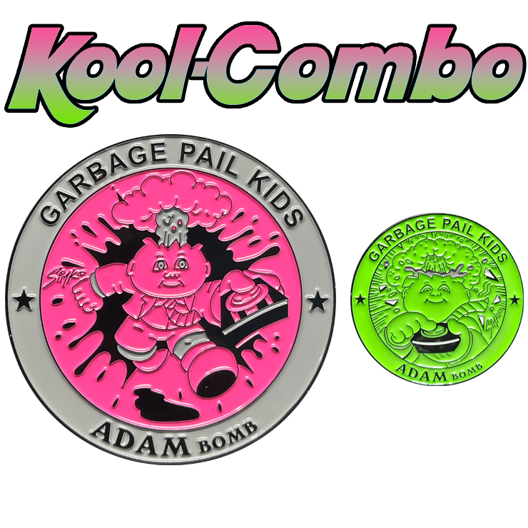 COMBO DEAL: Green Micro Mini and KOOL Pink & Gray SIMKO Adam Bomb TOPPS Officially Licensed Adam Bomb GPK Nation Challenge Coin Garbage Pail Kids