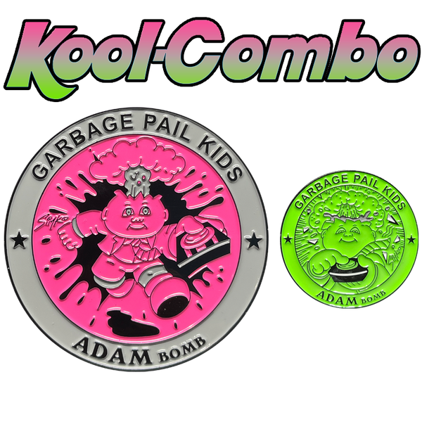 COMBO DEAL: Green Micro Mini and KOOL Pink & Gray SIMKO Adam Bomb TOPPS Officially Licensed Adam Bomb GPK Nation Challenge Coin Garbage Pail Kids