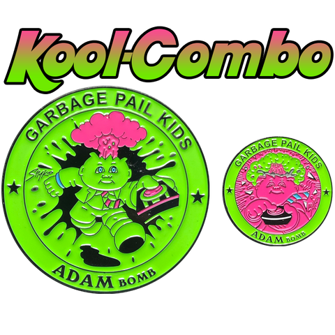 COMBO DEAL: Pink-Green Micro Mini and KOOL Pink-Green SIMKO Adam Bomb TOPPS Officially Licensed Adam Bomb GPK Nation Challenge Coin Garbage Pail Kids
