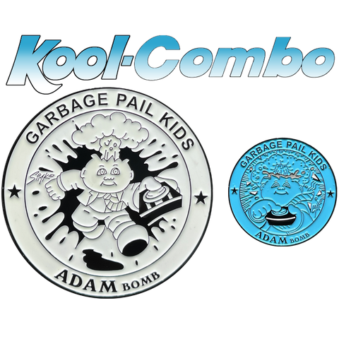 COMBO DEAL: Blue Micro Mini and KOOL White SIMKO Adam Bomb TOPPS Officially Licensed Adam Bomb GPK Nation Challenge Coin Garbage Pail Kids
