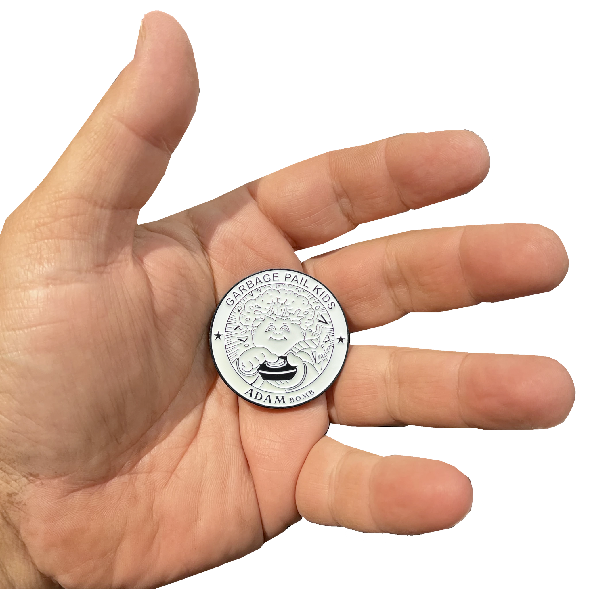 White Micro-Mini 1.5 inch SIMKO Adam Bomb TOPPS Officially Licensed Adam Bomb GPK Nation Challenge Coin Garbage Pail Kids