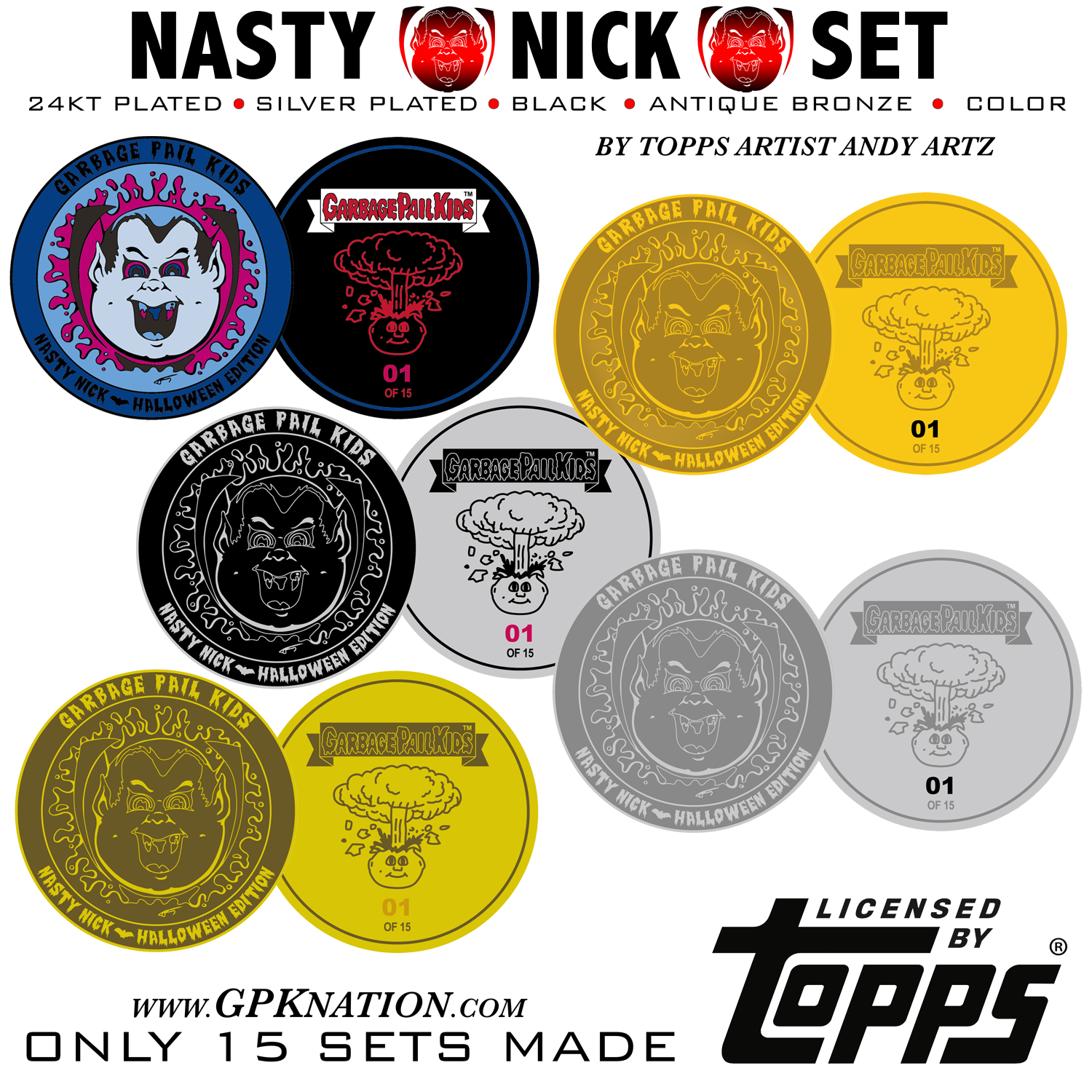 NASTY NICK 5-coin HALLOWEEN 2021 set by Topps Artist Andy Artz ONLY 15 SETS MADE