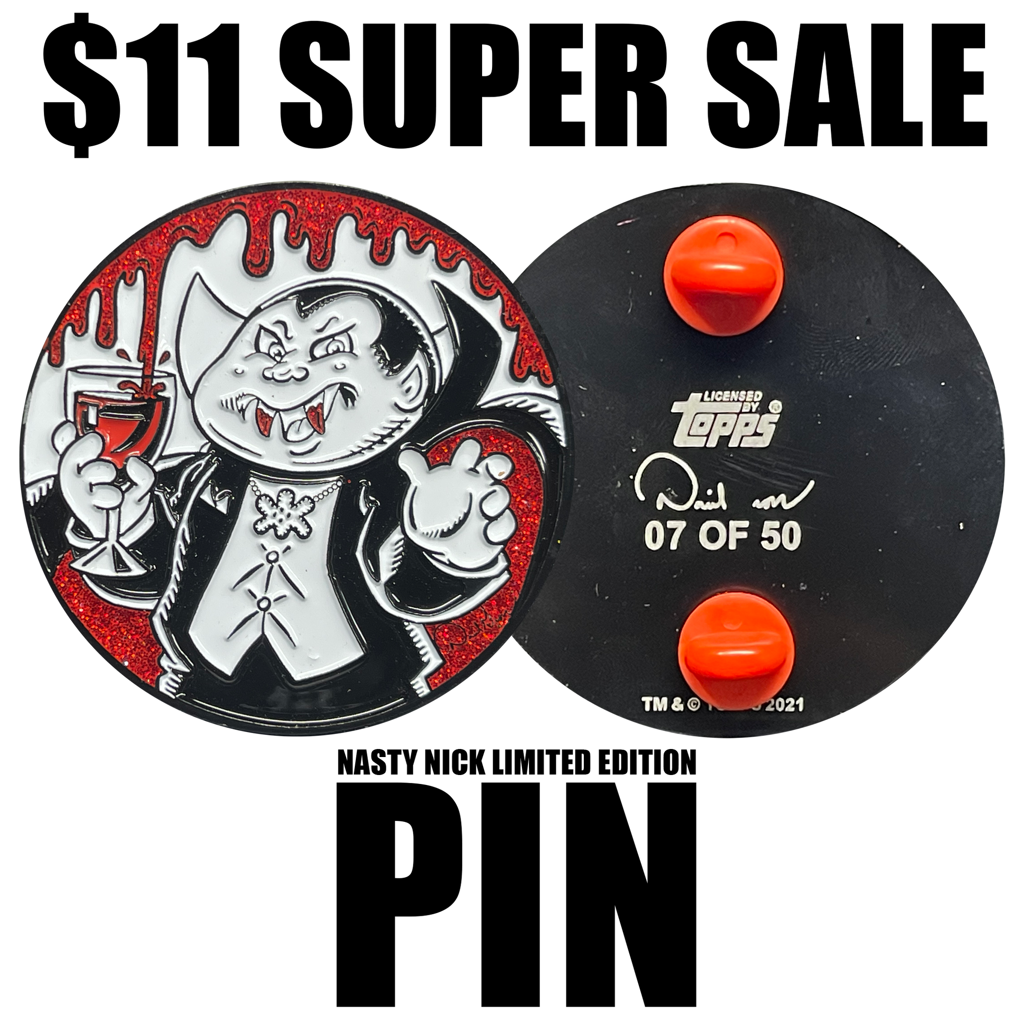 Limited Edition Pin: Nasty Nick Glittery Blood Chalice by David Gross Officially Licensed Topps Garbage Pail Kids Mini Card Embedded GPK Pin