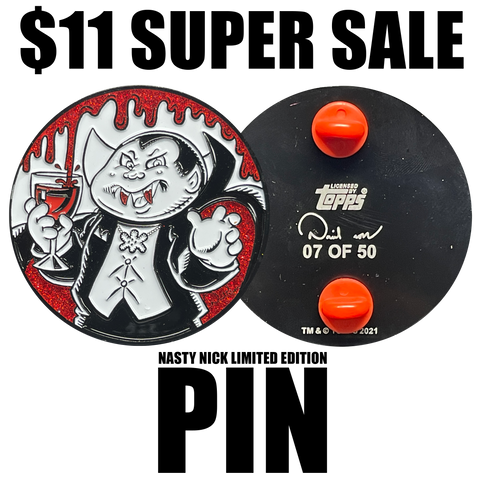 Limited Edition Pin: Nasty Nick Glittery Blood Chalice by David Gross Officially Licensed Topps Garbage Pail Kids Mini Card Embedded GPK Pin