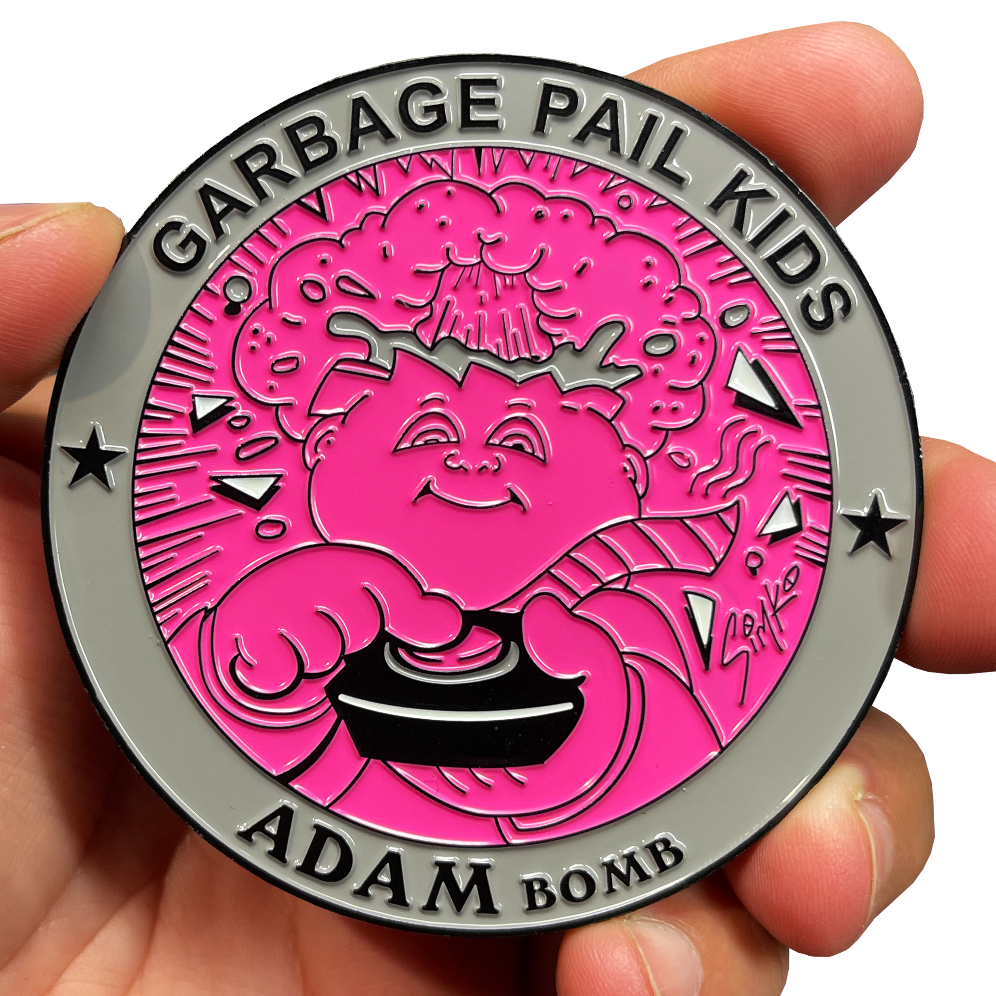GPK-DD-007 Pink and Gray Variation 3 inch SIMKO Topps Officially Licensed Adam Bomb GPK Challenge Coin Garbage Pail Kids