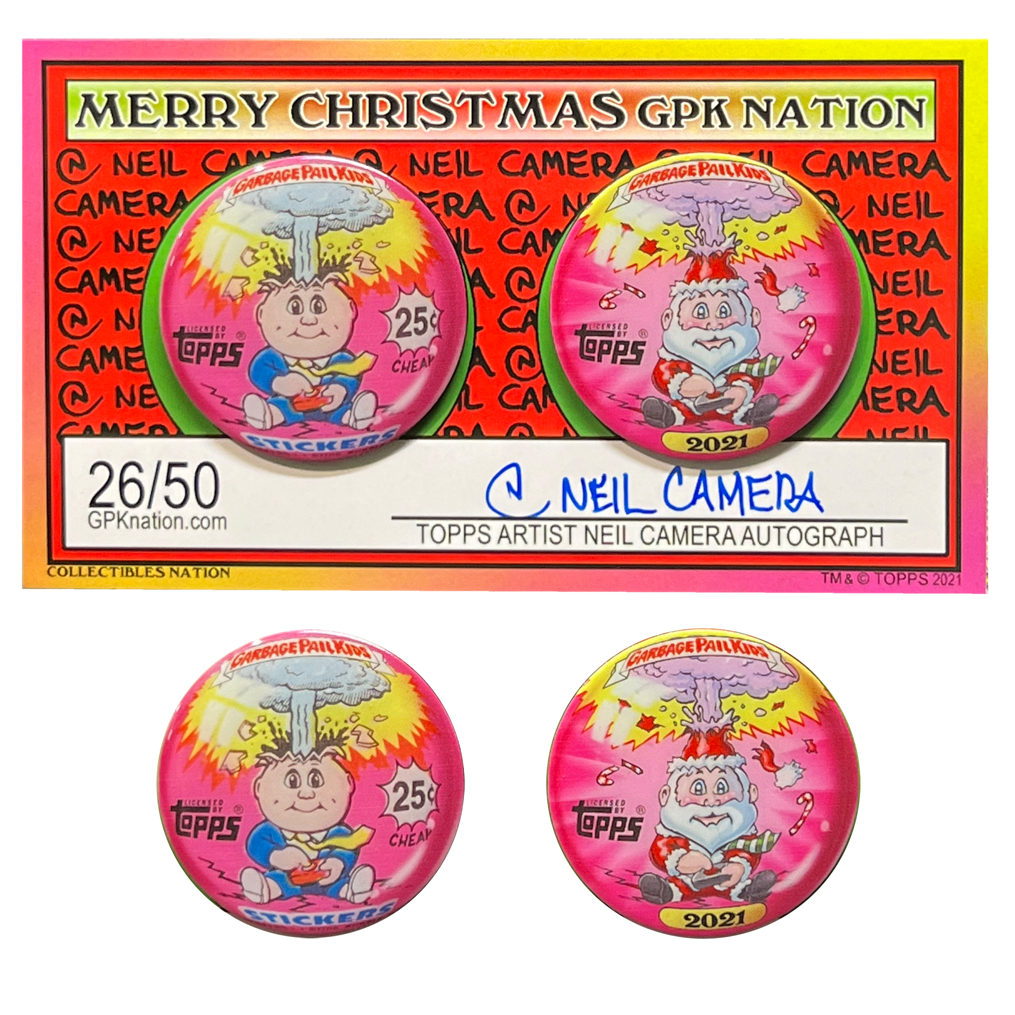 Black Friday Autographed GPK Christmas 2-pin set by Neil Camera featuring ADAM BOMB and SANTA BOMB!