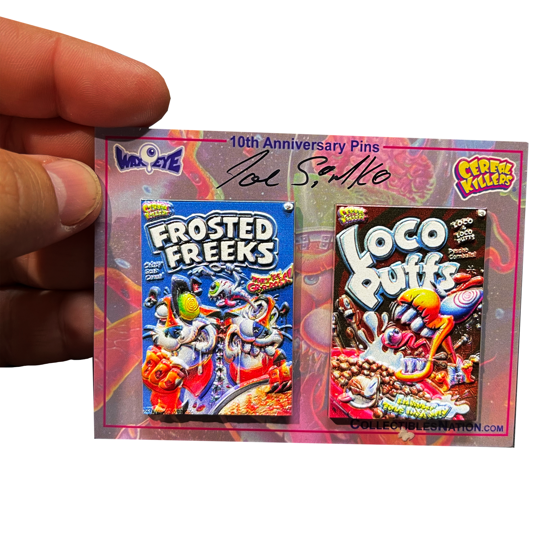 Autographed Cereal Killers Pin Set by Joe Simko. Only 75 made and signed by Topps Garbage Pail Kids artist.