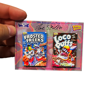 Autographed Cereal Killers Pin Set by Joe Simko. Only 75 made and signed by Topps Garbage Pail Kids artist.